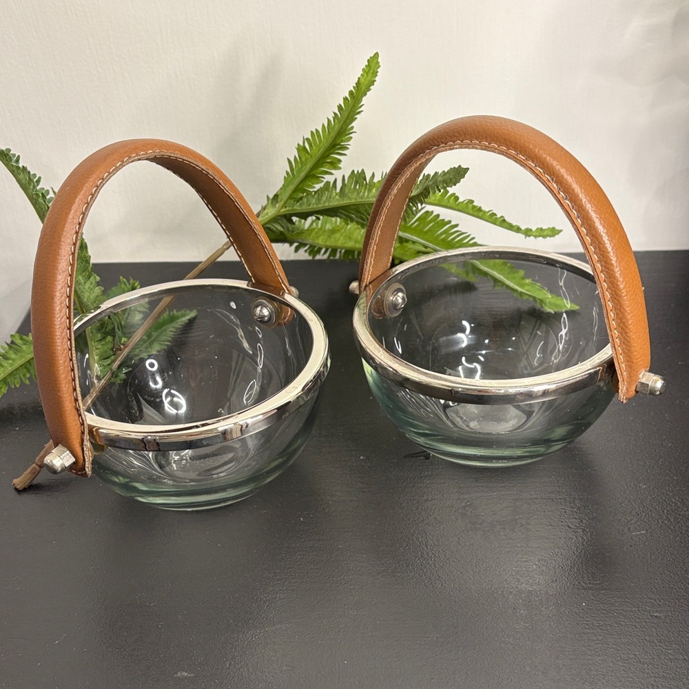 Zodax Equestrian Collection Glass Bowls with Silvertone lips & Leather Handles